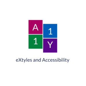 Color blocks reading a 1 1 y, text "eXtyles and accessibility"