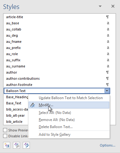 The Styles list, with the Balloon Text style selected and the mouse pointer hovering over Modify on the drop-down menu