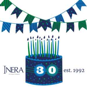 Under strings of festive banners, a birthday cake crowded with candles has "30" in large white numbers on the front. Text reads Inera, est. 1992"