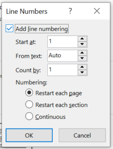 The Line Numbers dialog. In this example, line numbering will start at 1, each line will be numbered, and numbering will restart on each new page.