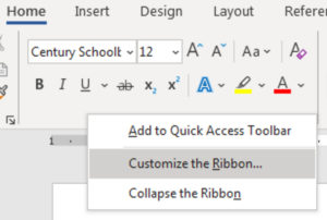 Closeup of the Word ribbon's popup menu, with the option "Customize the Ribbon" selected (hotkey: R)