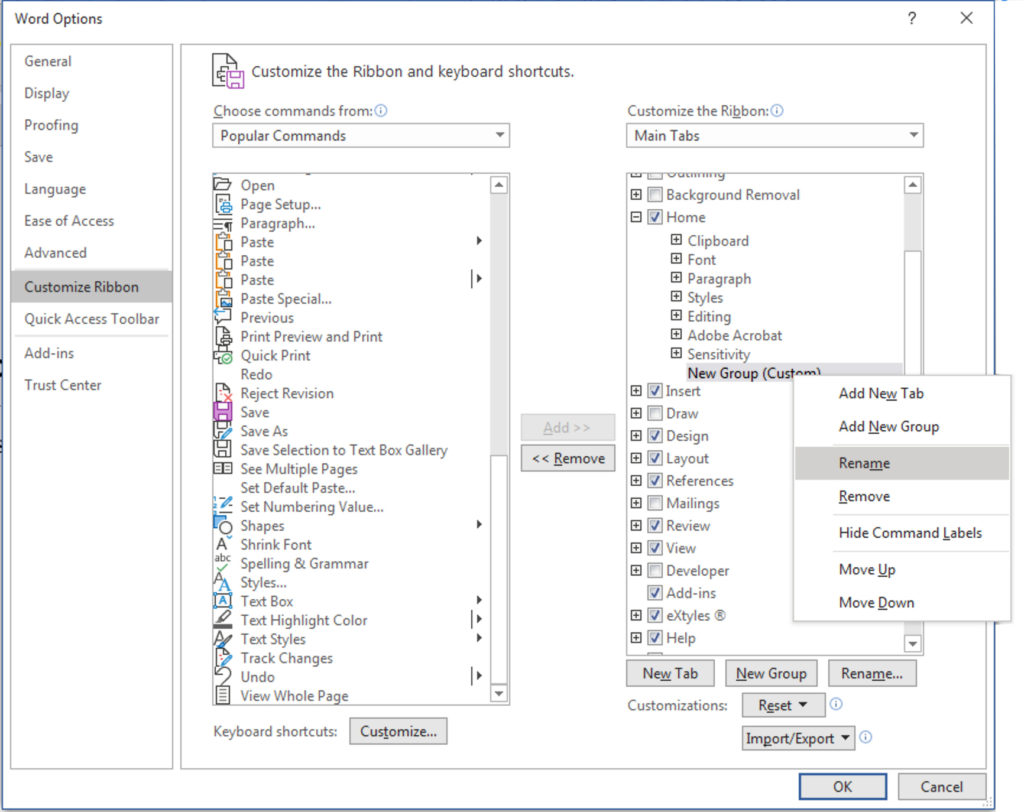 The Customize Ribbon dialog, showing the New Group dropdown with Rename (hotkey: m) selected.