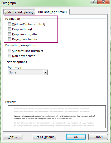 Screenshot: The Lines and Page Breaks tab (hotkey: P) on the Paragraph dialog box, showing the Pagination options and their hotkeys.