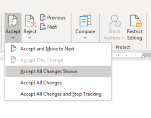 Screenshot: The "Accept" dropdown menu, with "Accept all changes shown" selected.