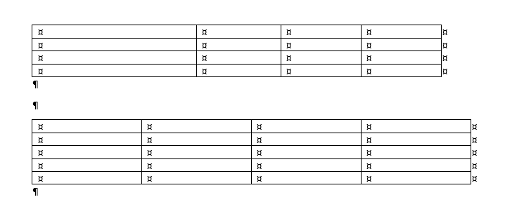two tables in Word, each with 4 columns.Table 1 has one wide column and 3 narrower ones. Table 2 has 4 columns of equal width.