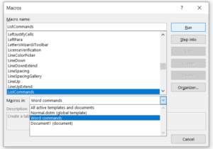 The Macros dialog box, showing "Word commands" selected in the Macros in: drop-down (bottom of the box, must be selected first) and "List Commands" selected from the Macro name: dropdown (top of the box). The "Run" button is highlighted on the right-hand side.