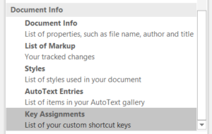 The Document Info dialog box, showing that "Key Assignments" is at the very bottom of the list