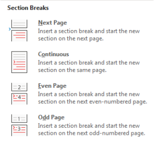 Screenshot: The Section Breaks dropdown shows the options Next page (hotkey: N), Continuous (hotkey: O), Even page (hotkey: E) and Odd page (hotkey: D).