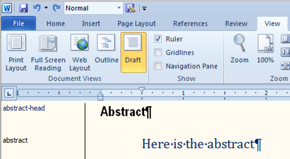 Screenshot from MS Word, showing a file in Draft view