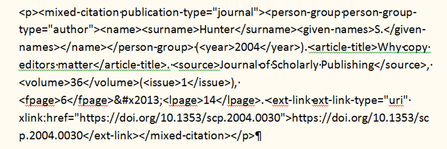 screenshot of a reference entry in XML markup, in MS Word