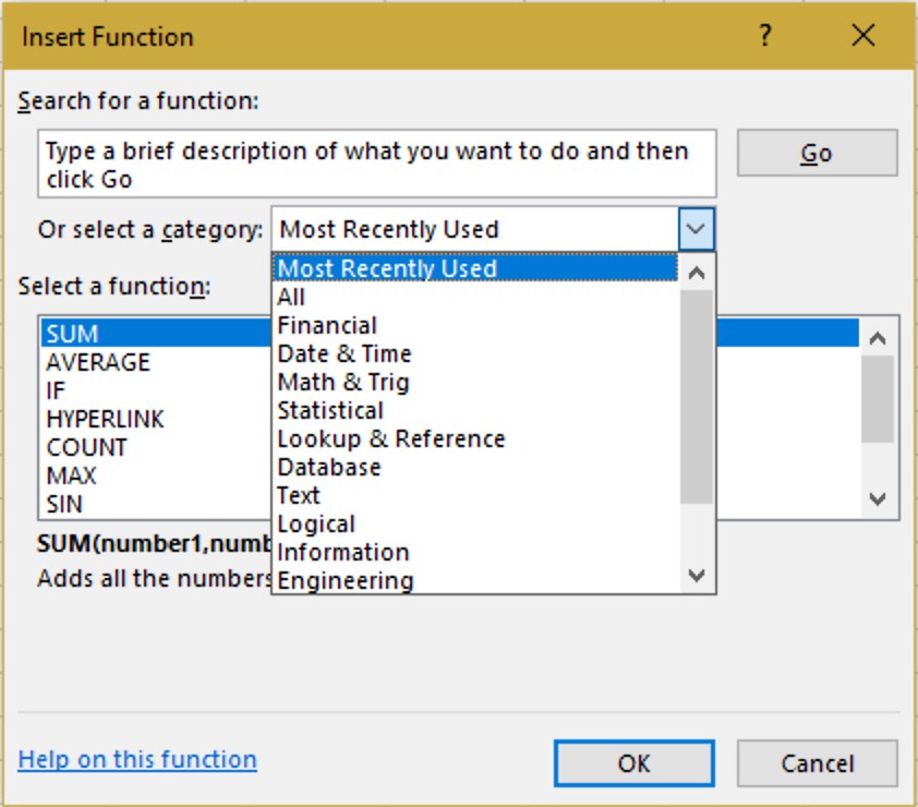 Screenshot: Excel's Insert Function dialog. The Most Recently Used category is selected. The Sum function is selected