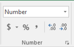 Screenshot: Excel's Number group. Dropdown menu showing "Number". Buttons for $, %, ', and more and fewer decimal places.