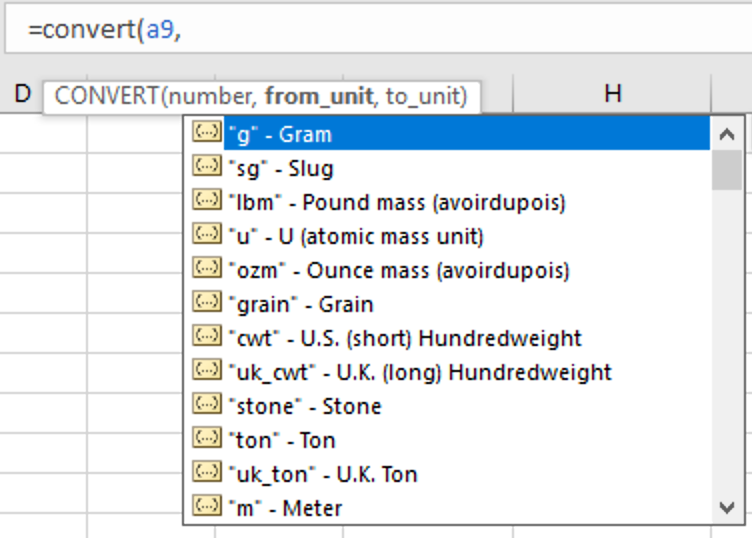 Screenshot: Excel's Convert function, showing dropdown menu of different units including gram, atomic mass unit, ton, and stone