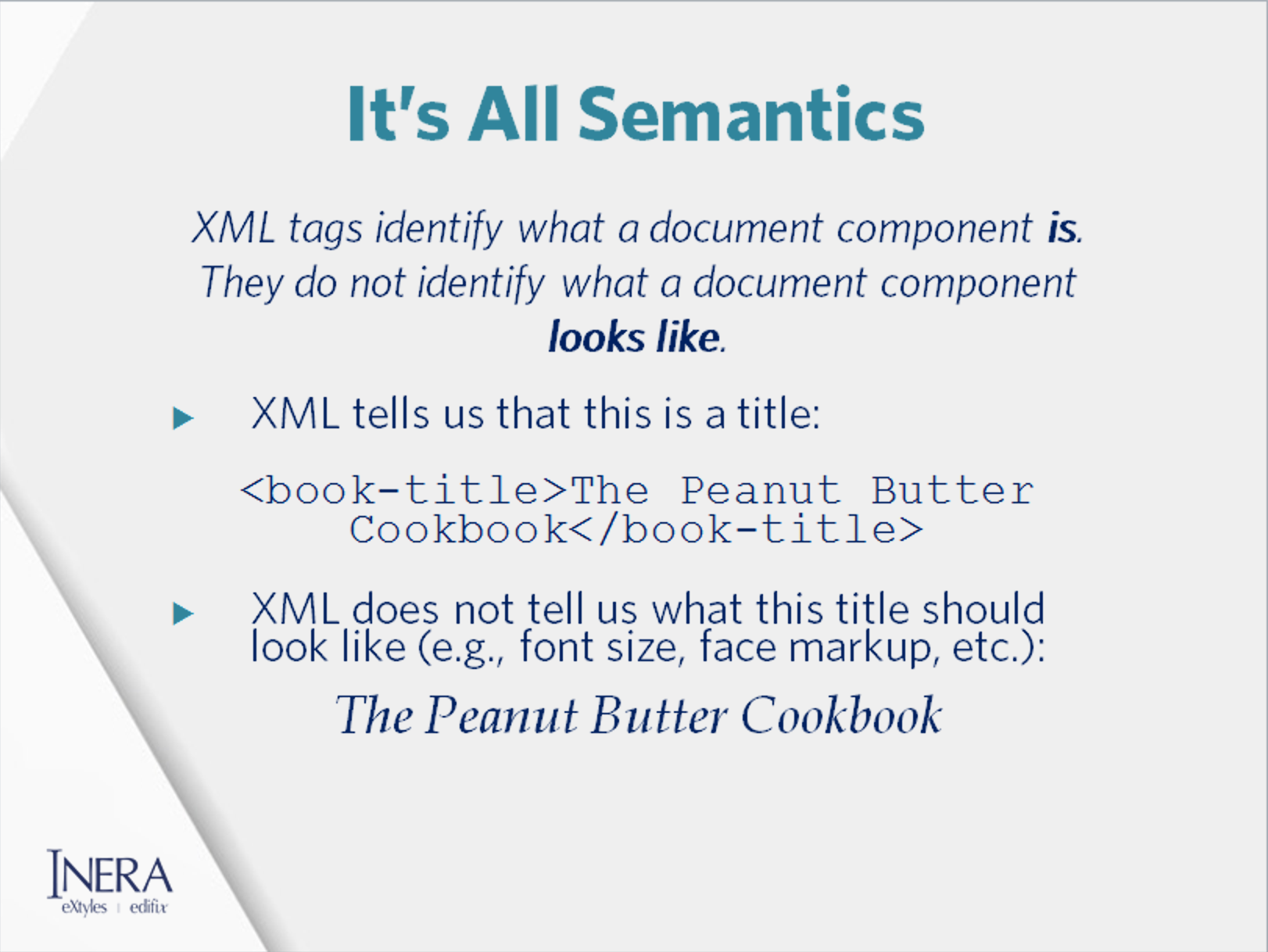 slide titled It's All Semantics, showing a book title tagged as book_title and the same book title with italic formatting