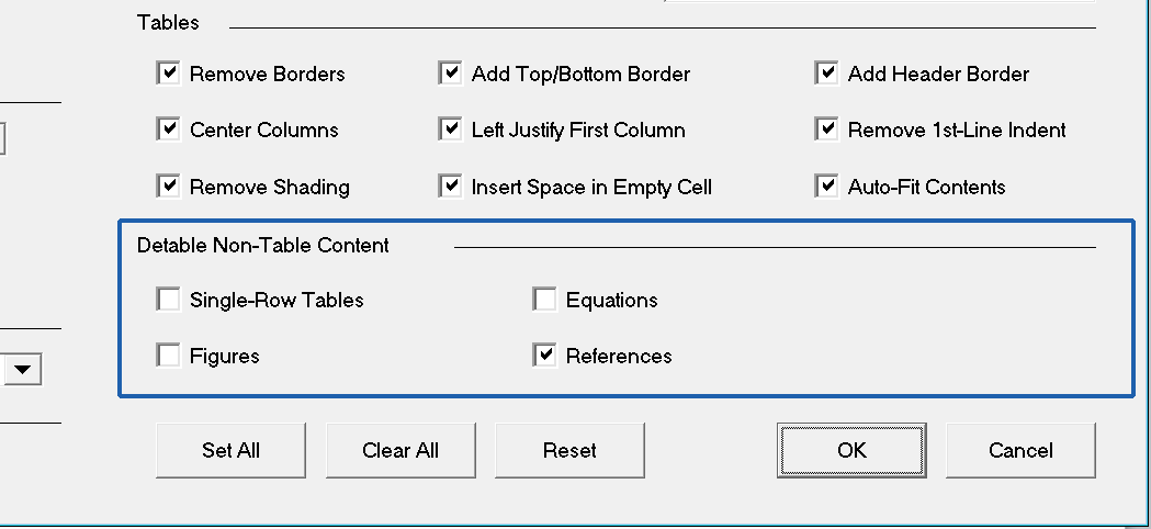 screenshot of the new de-tabling section of the eXtyles Cleanup dialog, with the options Single-Row Tables, Figures, Equations, and References