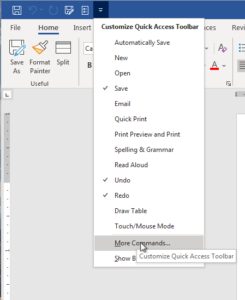 Screenshot: The Customize Quick Access Toolbar dropdown, with "More Commands" selected