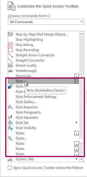 Screenshot: The many available commands that begin with "Style" or "Styles". There are 15 in total!
