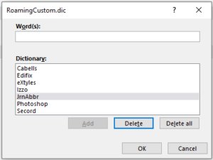 The Edit Word List dialog, showing the upper box where new words can be entered and the word list in the lower box where words can be deleted.