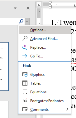 Screenshot: The pop-up menu from the Navigation pane, showing the options to find Graphics (hotkey: r), Tables (hotkey: T), Equations (hotkey: E), Footnotes/Endnotes (hotkey: n), and Comments (hotkey: C)
