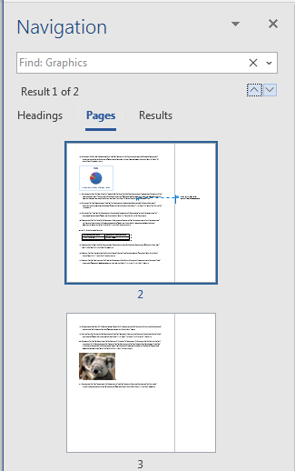 Screenshot: Results of a search for Graphics on the Navigation pane, displayed on the Pages tab. The results are shown as page thumbnails.