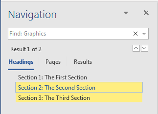 Screenshot: Results of a search for Graphics on the Navigation pane, displayed on the Headings tab. Results are shown as yellow highlighting of the sections that contain graphics.