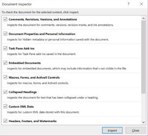 Screenshot: The Document Inspector dialog box showing a checkboxes for some of the many potential issues it can look for.