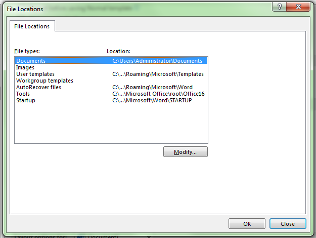 The File types: box in the Locations dialog, with the Documents location selected at the top, showing the default location C:\Users\Administrator\Documents