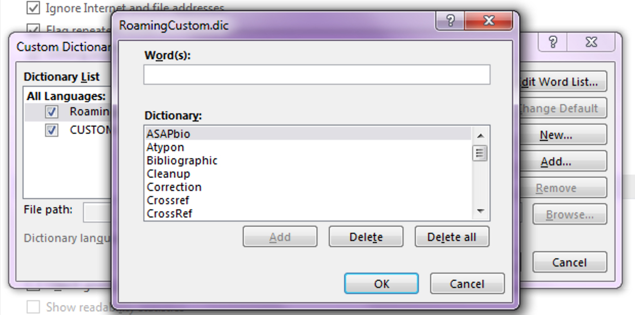 Screenshot: the editing interface for the default Custom dictionary, showing options to add or delete a word or delete all.
