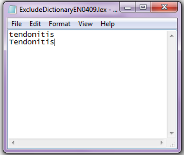 Screenshot: NotePad window with "tendonitis" and "Tendonitis" typed in