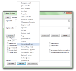 The Find & Replace dialog, showing the "Special" popup menu. The Manual Line Break option is selected.