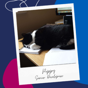  A tuxedo cat curled up on a notebook and loose papers in front of a computer screen, with text: Poppy, Senior Developurr
