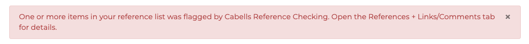 A red banner reads "One or more items in your reference list was flagged by Cabells Reference Checking. Open the References + Links/Comments tab for details"