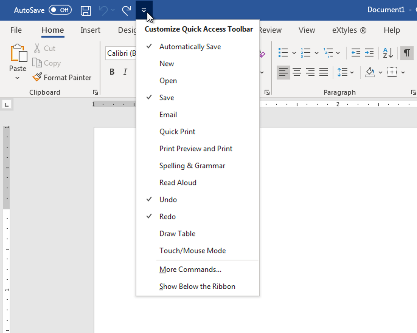 Screenshot: Dropdown menu from the Quick Access Toolbar in Word