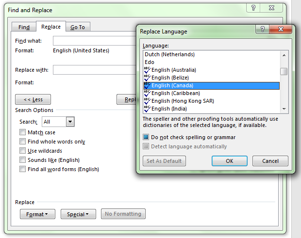 Screenshot: The expanded Find and Replace box in Word, showing a search that will replace English (United States) with English (Canada) in the language setting