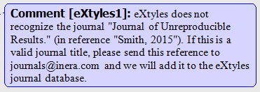 Word comment balloon: eXtyles does not recognize the journal "Journal of Unreproducible Results" (in reference "Smith, 2015"). If this is a valid journal title, please send this reference to journals@inera.com and we will add it to the eXtyles journal database
