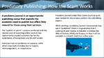 Slide from Simon Linacre's talk at XUG 2021, titled "Predatory publishing: How the scam works" and illustrated with a shark