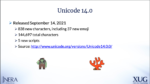 Slide from Bruce's talk, titled "Unicode 14.0" and showing monster and coral emojis