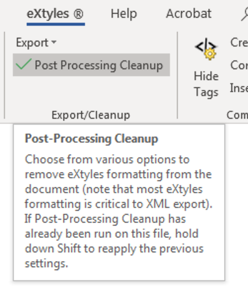 Screenshot: eXtyles Post-Processing Cleanup tooltip pop-up