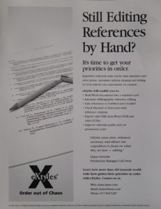 Early marketing collateral for eXtyles with the heading "Still editing references by hand?" and an image of a broken pencil lying on a printed bibliography