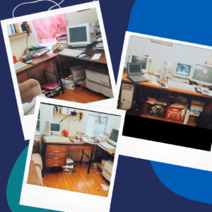 three photos of a bedroom set up as a home office in the early 1990s